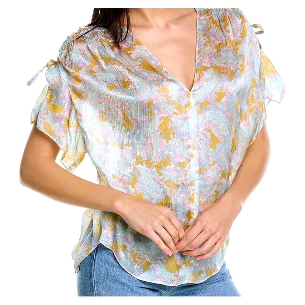 Vince Watercolor Floral Ruched Silk Blend V-Neck Blouse Yellow Blue 2X